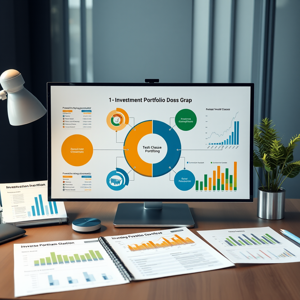 Professionelle Darstellung von Investmentportfolio-Diversifikation mit verschiedenen Anlageklassen, Diagrammen und Finanzcharts auf einem modernen Schreibtisch