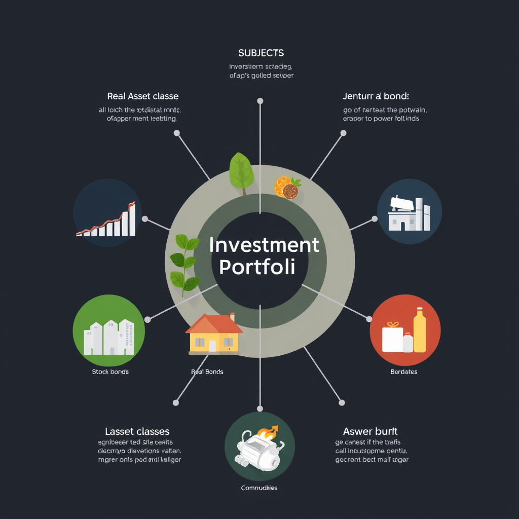 Diversifiziertes Anlageportfolio-Diagramm mit verschiedenen Anlageklassen, Aktien, Anleihen, Immobilien und Rohstoffen dargestellt in einem professionellen Finanzdiagramm