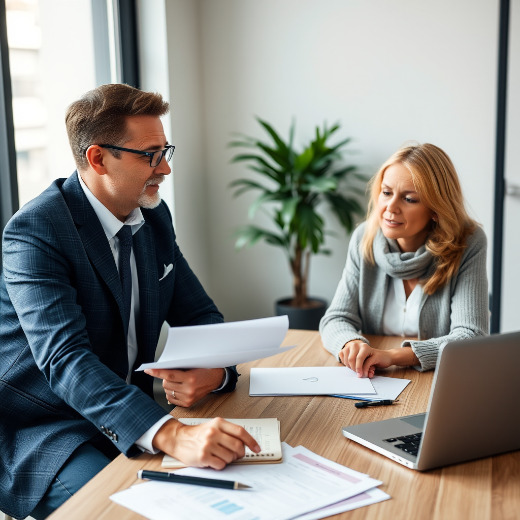 Professionelle Finanzberatung für Altersvorsorge - Berater erklärt einem Paar in den 30ern verschiedene Anlagestrategien und Rentenpläne an einem modernen Schreibtisch mit Dokumenten und Laptop