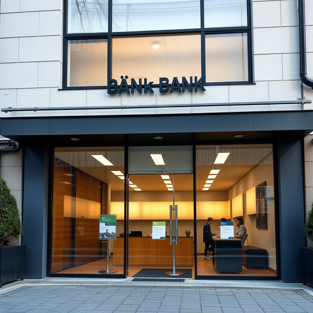 Moderne deutsche Bankfiliale mit Glasfassade und professionellem Banking-Ambiente