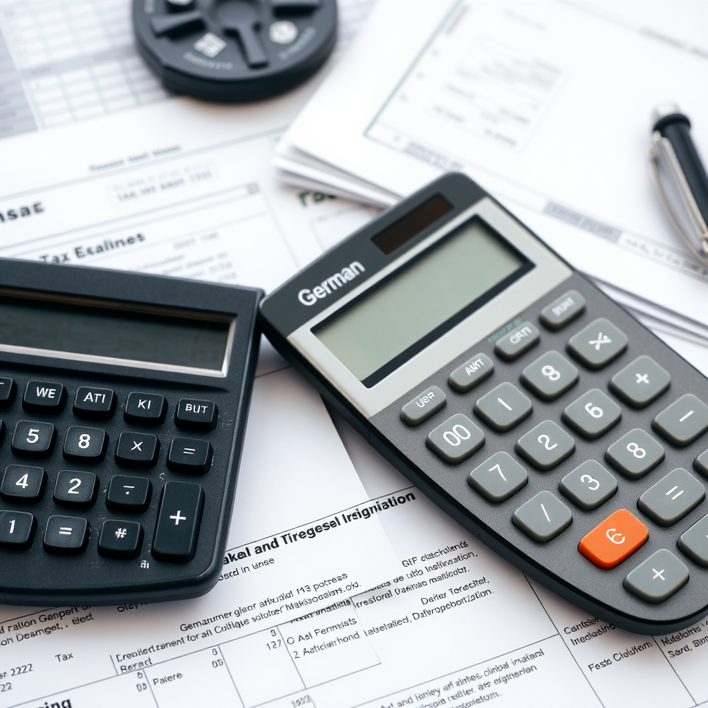 Deutsche Steuerformulare und Taschenrechner auf einem Schreibtisch mit Finanzunterlagen, symbolisierend Steuerplanung und -optimierung für deutsche Einwohner