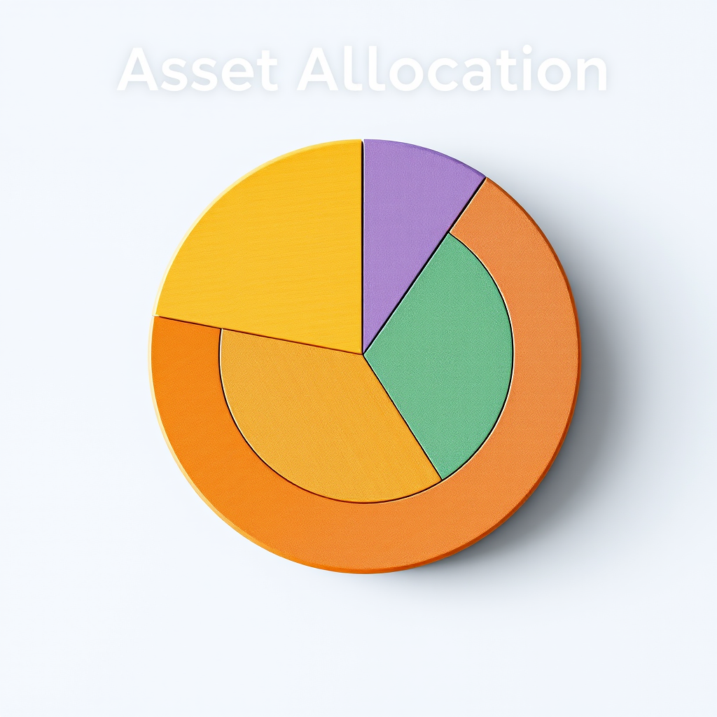 Vermögensallokations-Kreisdiagramm zeigt die Aufteilung zwischen Aktien, Anleihen, Immobilien und Rohstoffen in einem professionellen Finanzkontext