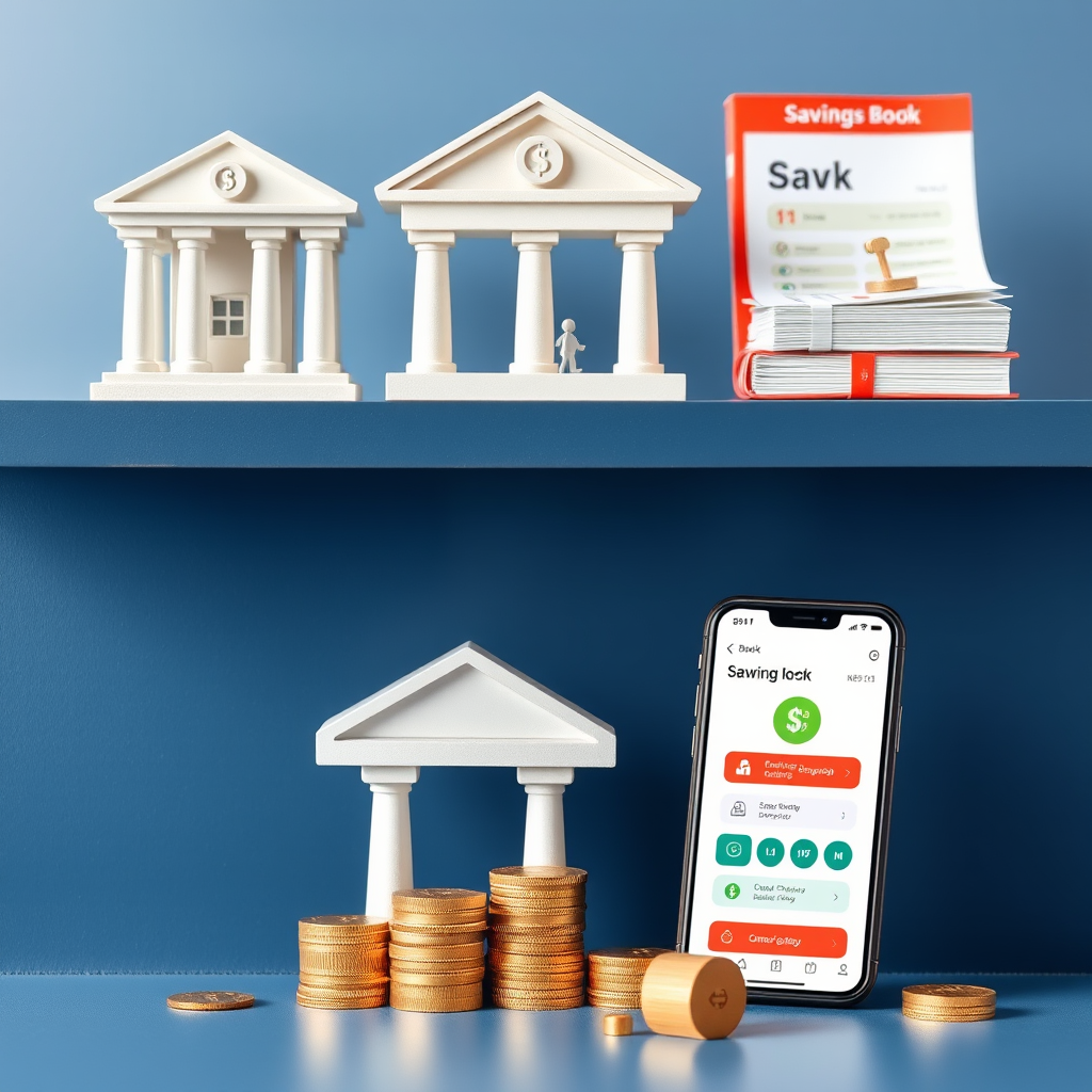 Verschiedene Sparmöglichkeiten dargestellt durch Bankgebäude, Sparbücher und digitale Banking-Apps, zeigt moderne Optionen für Notfallfonds-Verwaltung