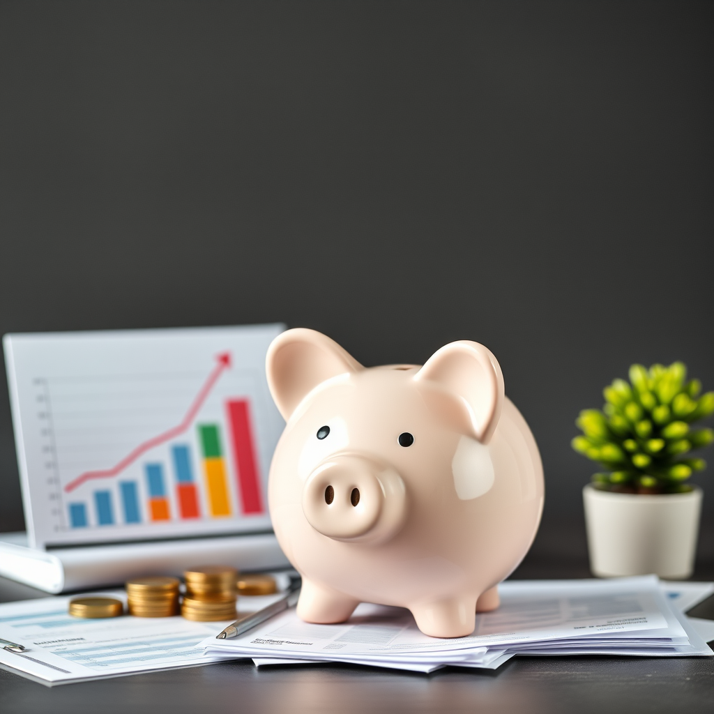 Moderne Darstellung der Altersvorsorge mit Sparschwein, Wachstumsdiagrammen und Finanzplanungsunterlagen für Menschen in den 30ern und 40ern
