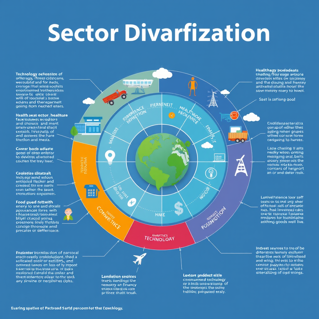 Sektordiversifikationsdiagramm zeigt verschiedene Branchen wie Technologie, Gesundheitswesen, Finanzen, Energie und Konsumgüter in einem professionellen Layout