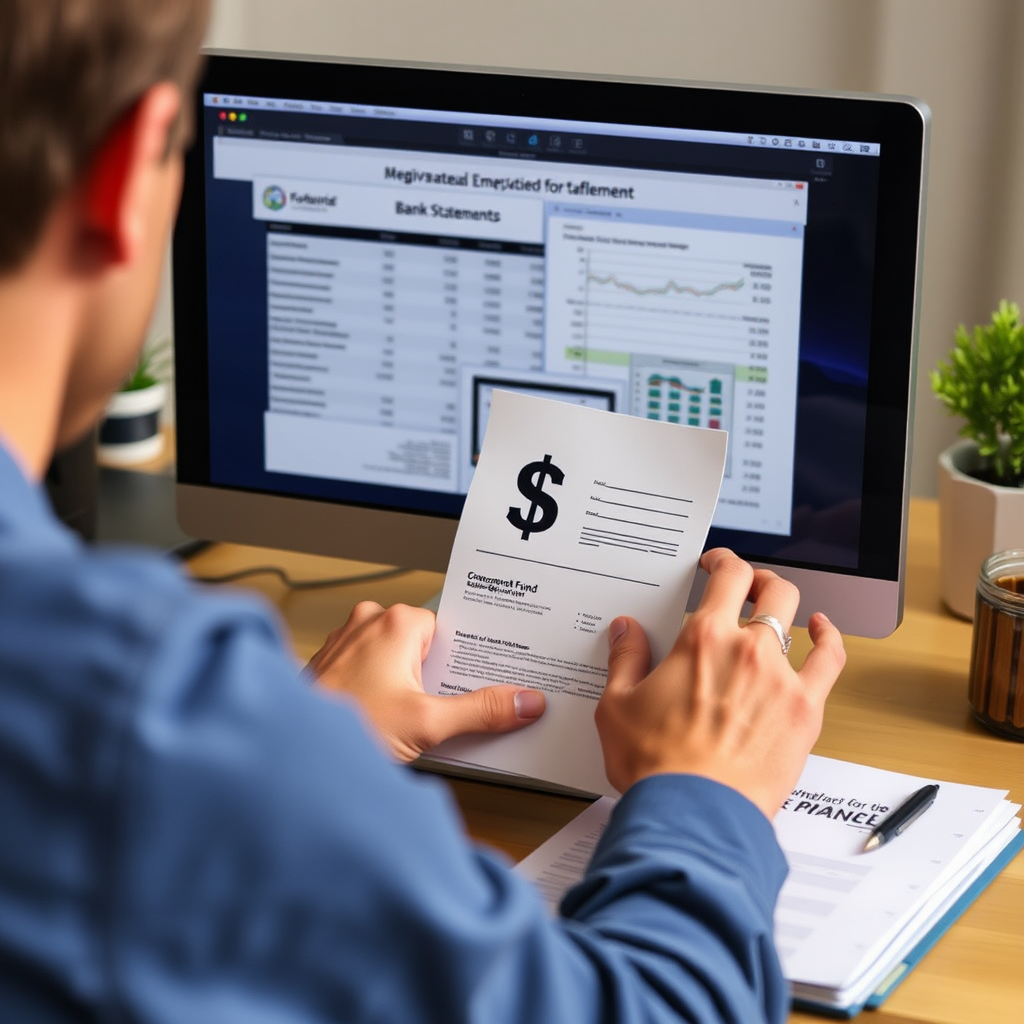 Person überprüft Finanzunterlagen und Kontoauszüge am Computer, symbolisiert die regelmäßige Wartung und Anpassung des Notfallfonds für optimale finanzielle Sicherheit