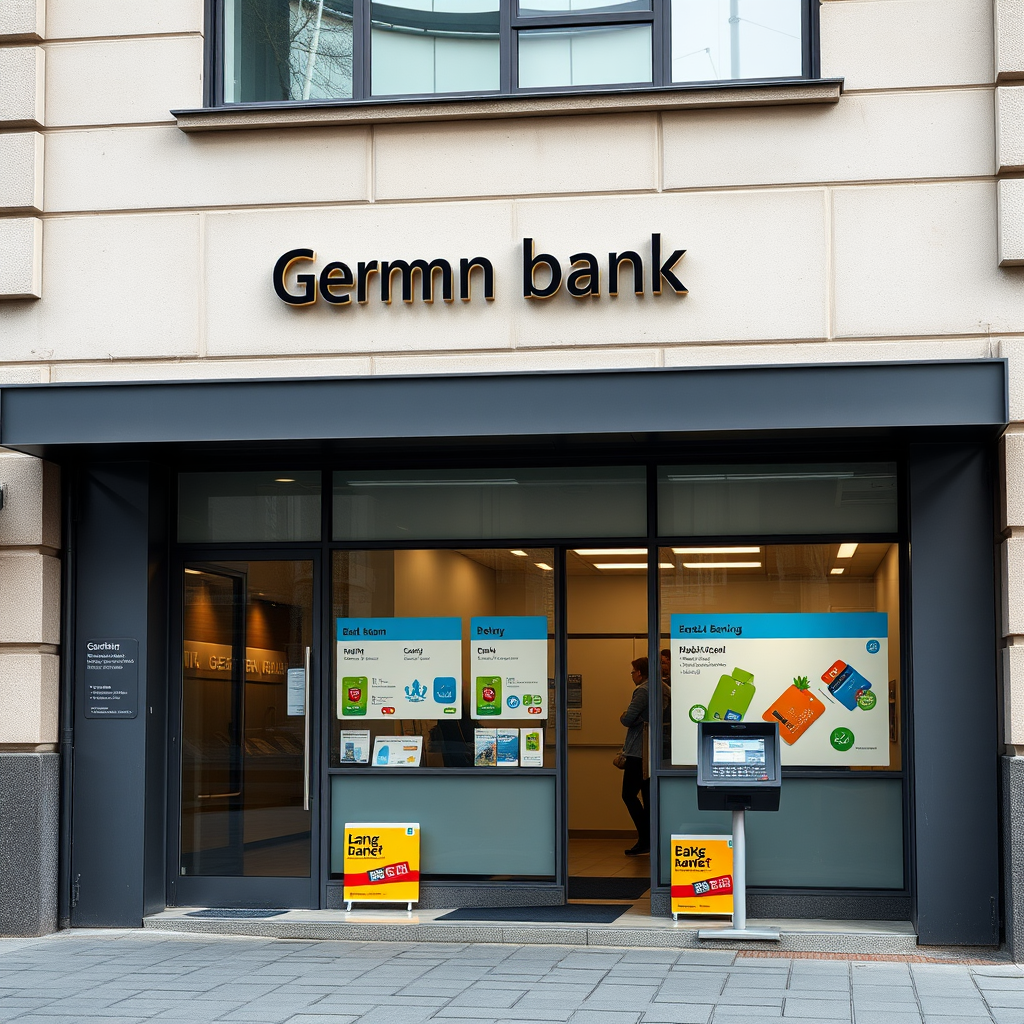 Deutsche Bankfiliale mit modernen Banking-Services, EC-Karten und Finanzprodukten, die verschiedene Kontotypen und Bankdienstleistungen repräsentieren