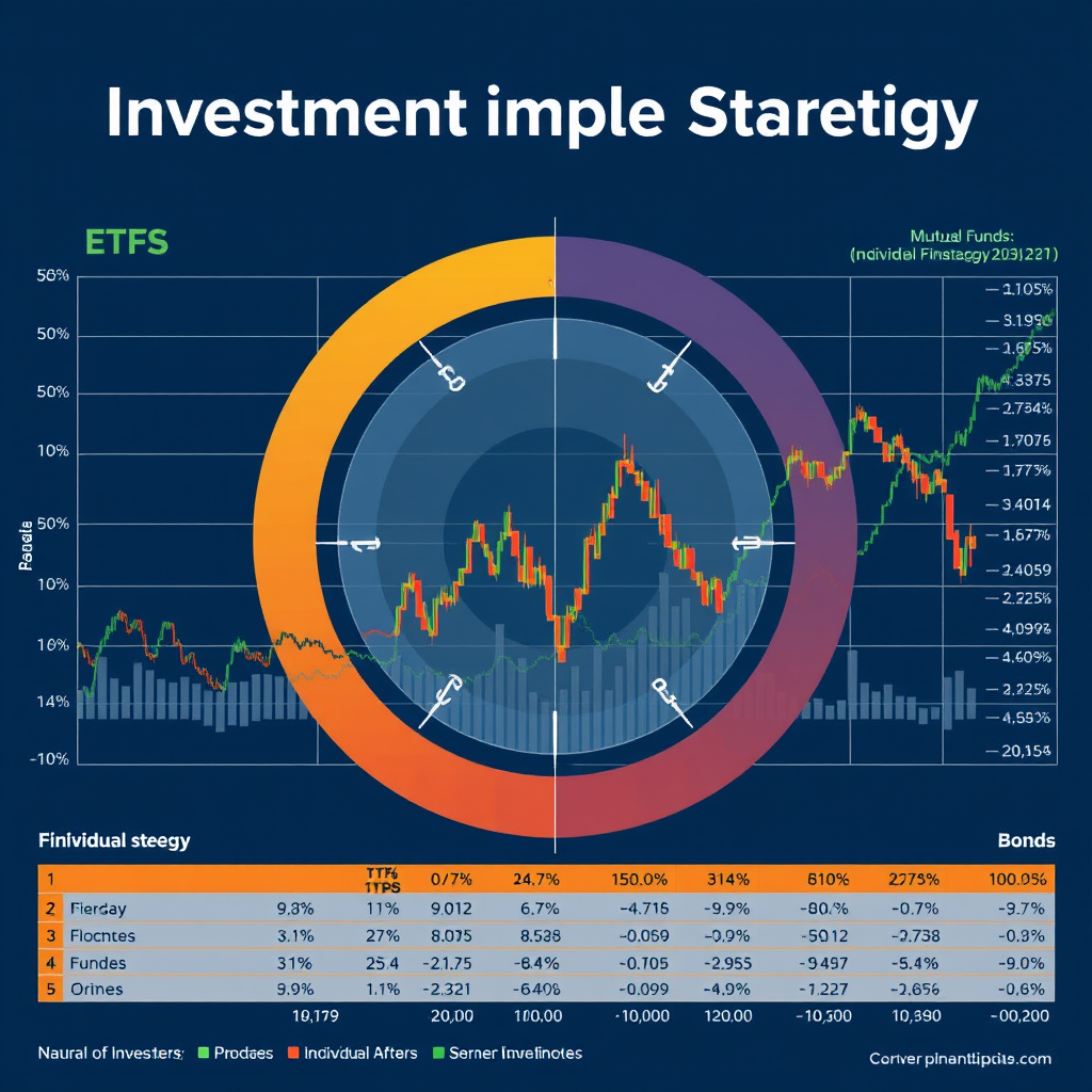 Investitionsumsetzungsstrategie zeigt ETFs, Investmentfonds, Einzelaktien und Anleihen in einem professionellen Finanzdiagramm