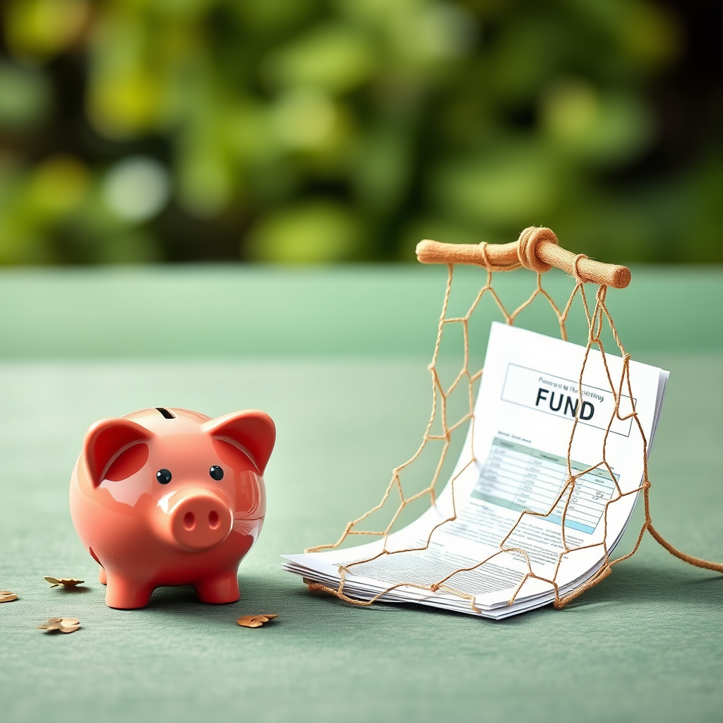 Symbolische Darstellung eines Notfallfonds mit Spardose, Sicherheitsnetz und Finanzplanungsunterlagen für unerwartete Ausgaben und finanzielle Sicherheit