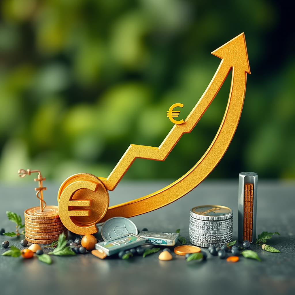 Erfolgreiches Finanzwachstum dargestellt durch Pfeildiagramm mit Euro-Symbolen und deutschen Finanzinstrumenten