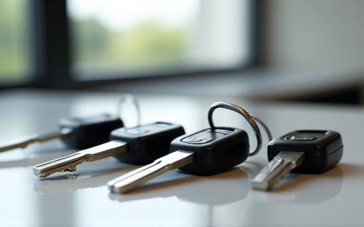 A set of car keys on a counter at a rental agency