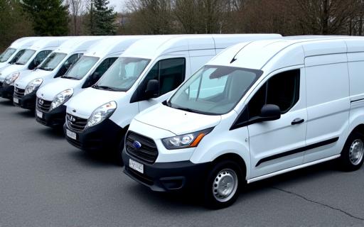 A row of identical white company vans parked in a lot