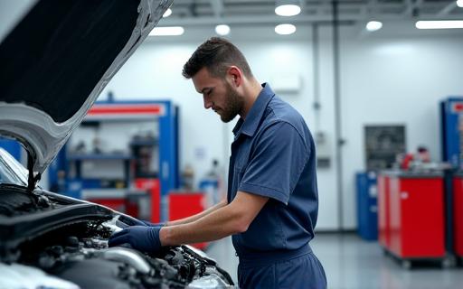A mechanic working on a car engine in a clean workshop